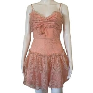 Angel Biba St Tropez Cami Strap Frill Trim Lace Mini Party Dress Peach Blush S